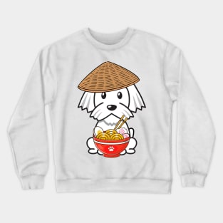 Funny white dog is eating noodles Crewneck Sweatshirt